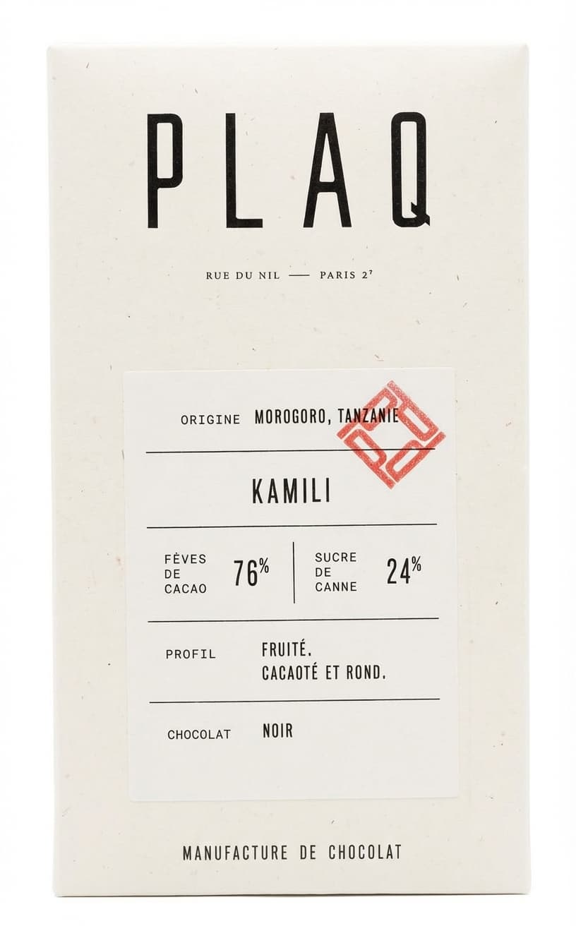 Kamili 76% dark bar packaging by Plaq