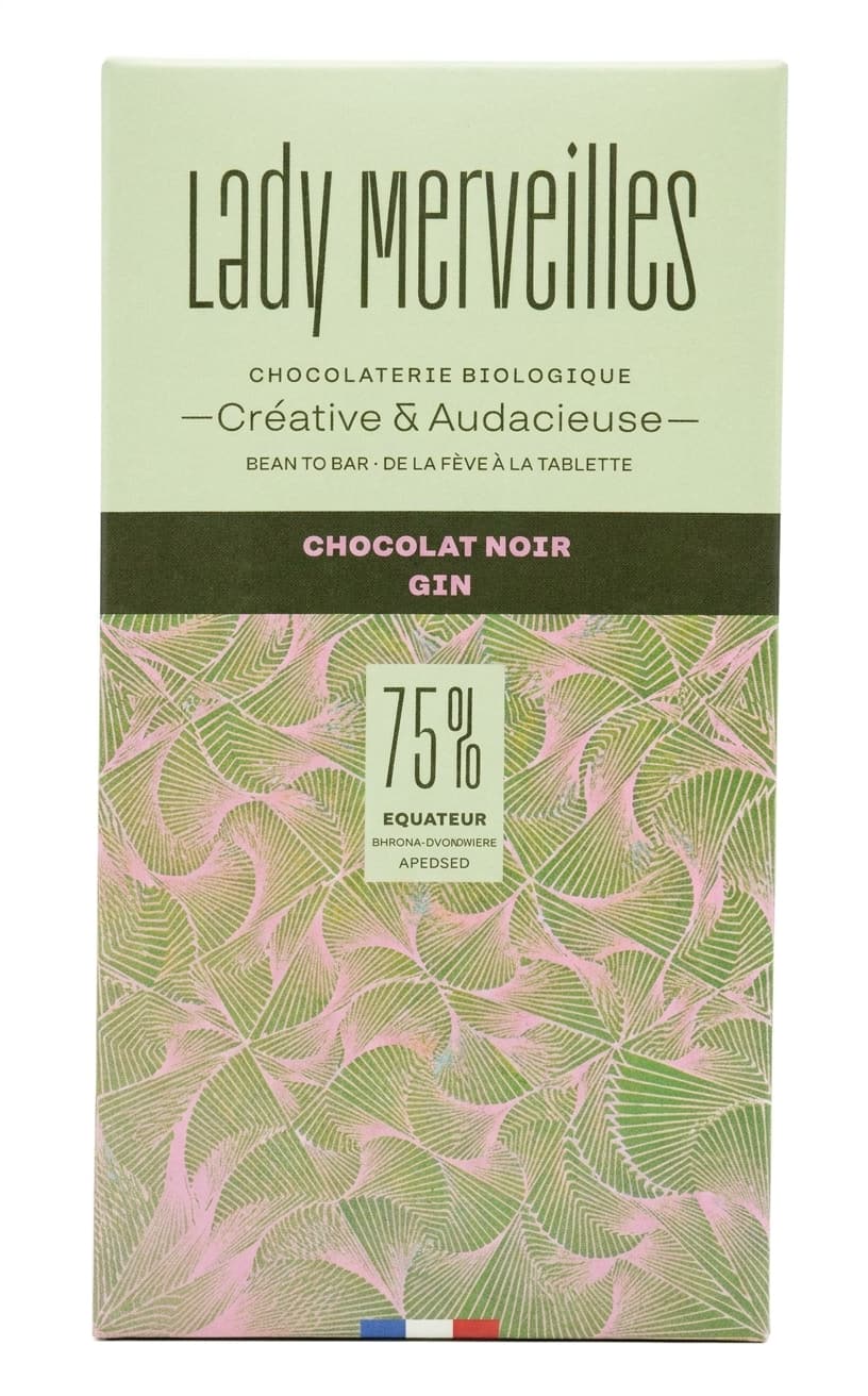 Chocolat Noir Gin 75% 75% dark bar packaging by Lady Merveilles