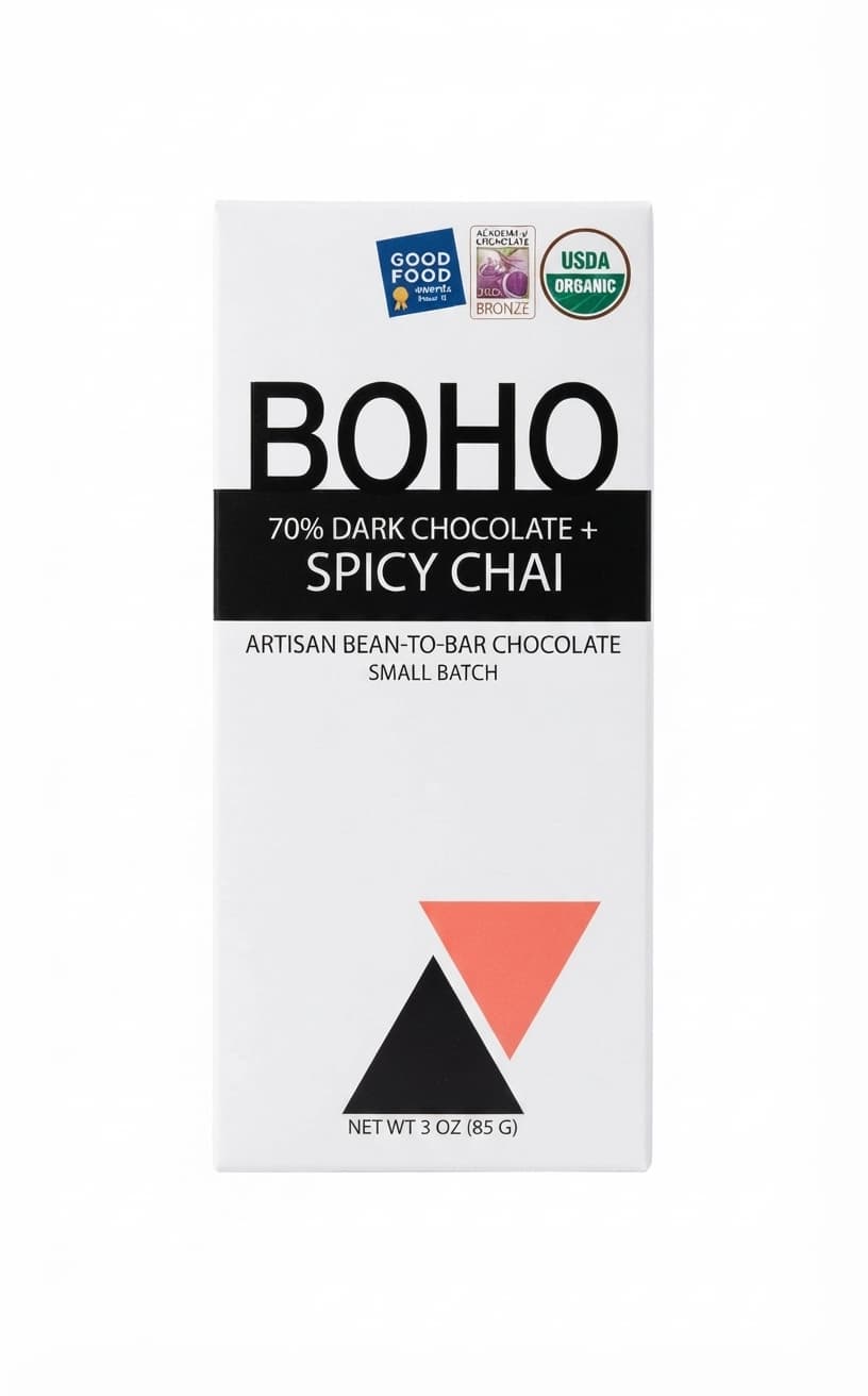 Spicy Chai 70% 70% dark bar packaging by BOHO Chocolate