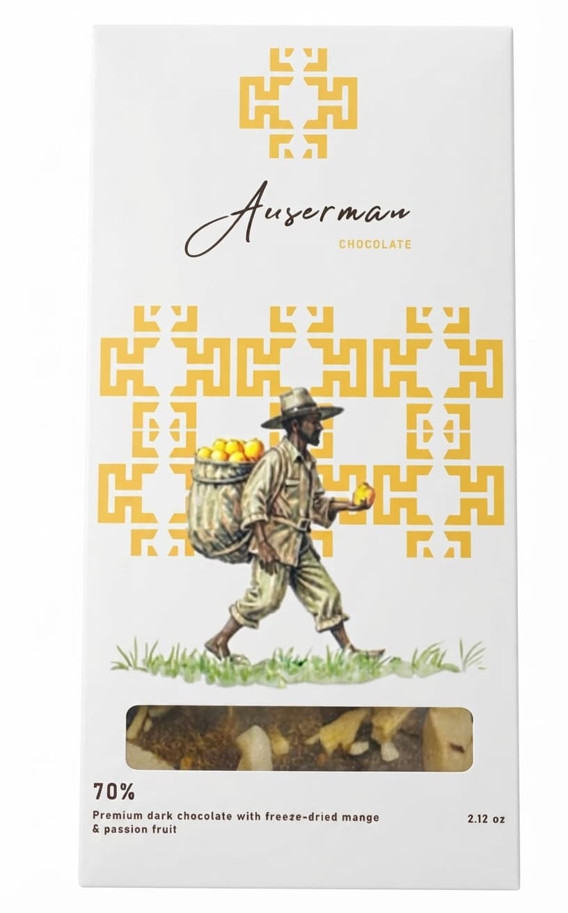 Mango & Passion Fruit 70% 70% dark bar packaging by Auserman