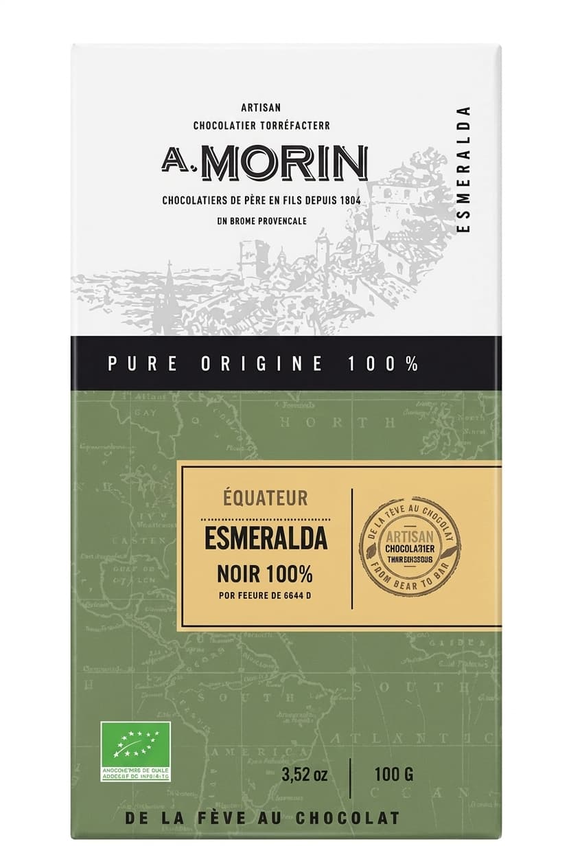 Esmeralda Noir 100% 100% dark bar packaging by Chocolaterie Morin