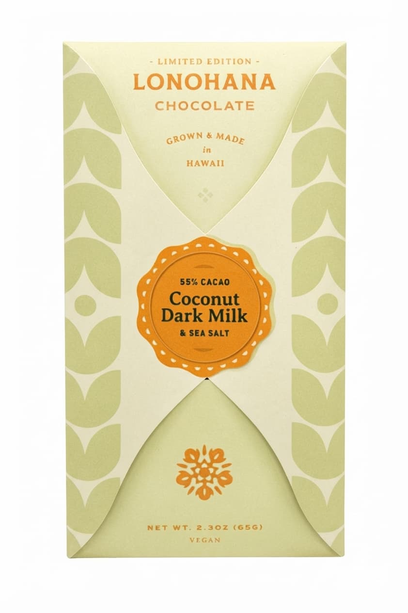 Coconut Dark Milk & Sea Salt 55% 55% milk bar packaging by Lonohana Estate Chocolate