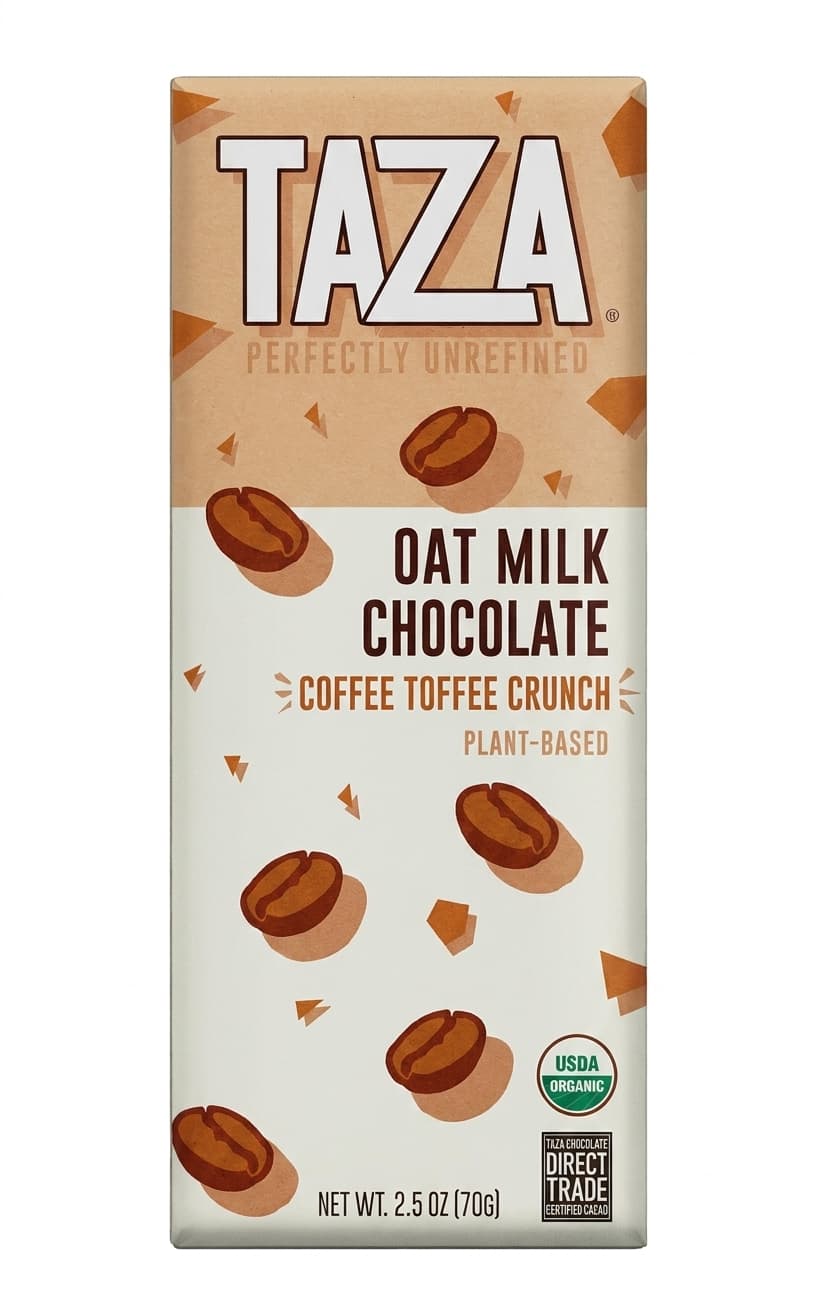 Oat Milk Coffee Toffee Crunch 49% milk bar packaging by Taza