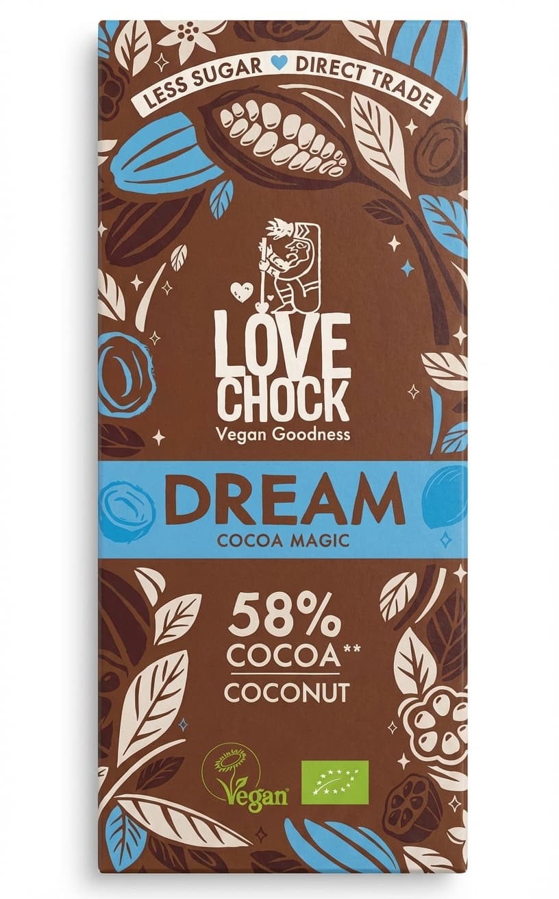 Dream Cocoa Magic Coconut 58% dark bar packaging by Lovechock