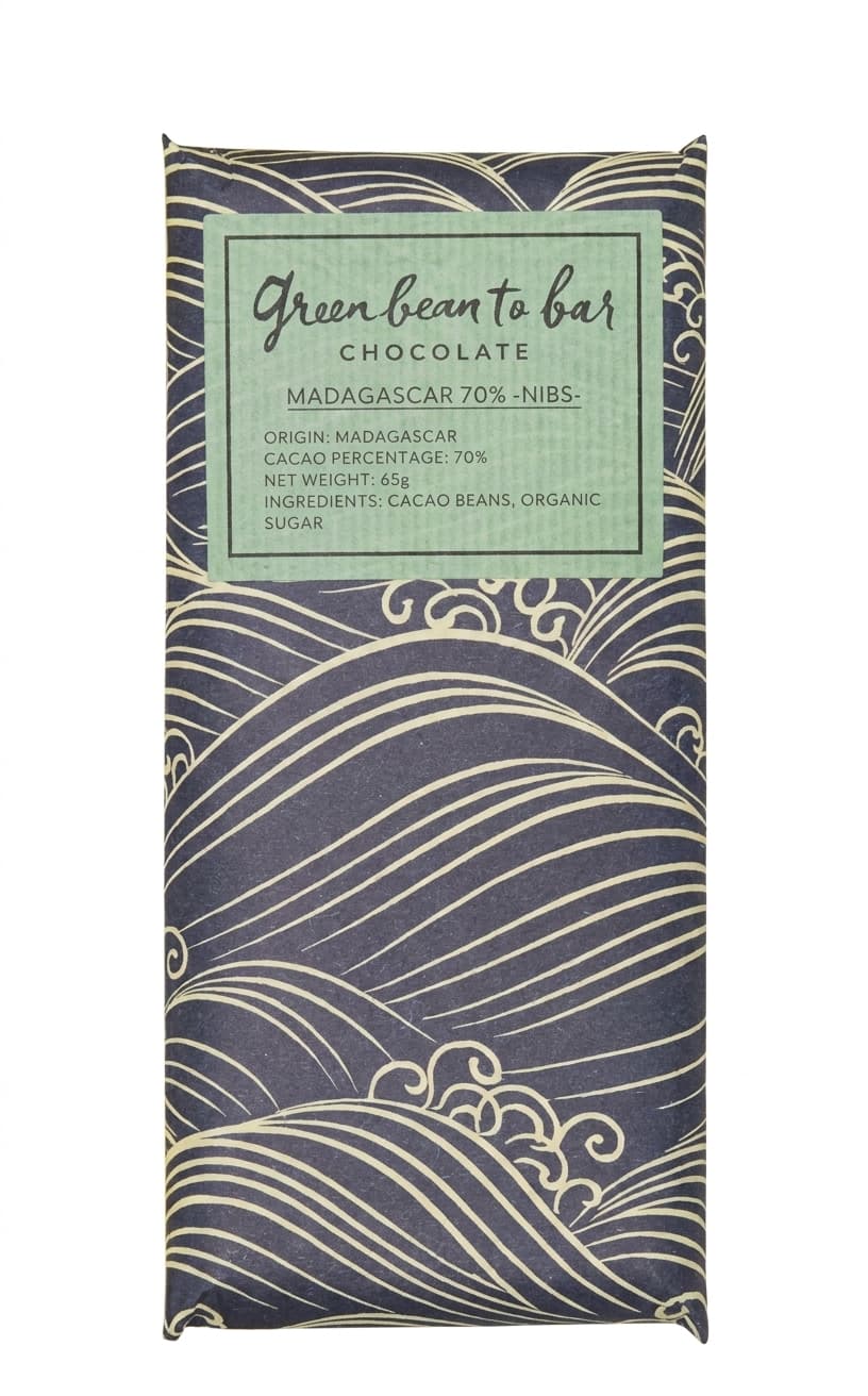 Madagascar 70% - Nibs 70% dark bar packaging by Green Bean to Bar Chocolate