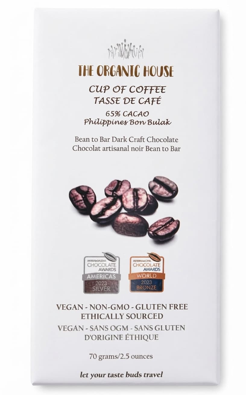 Cup of Coffee 65% 65% dark bar packaging by The Organic House