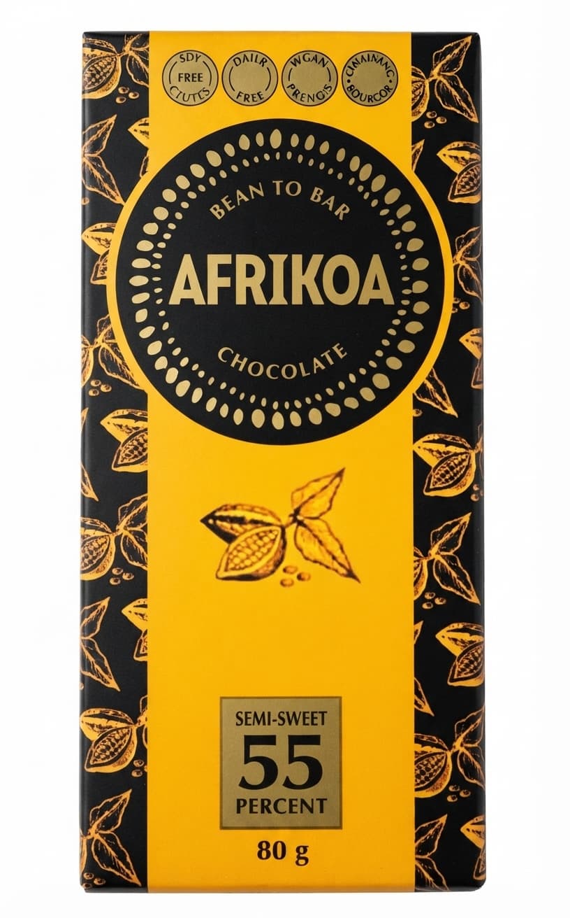 Semi-Sweet 55% 55% dark bar packaging by Afrikoa