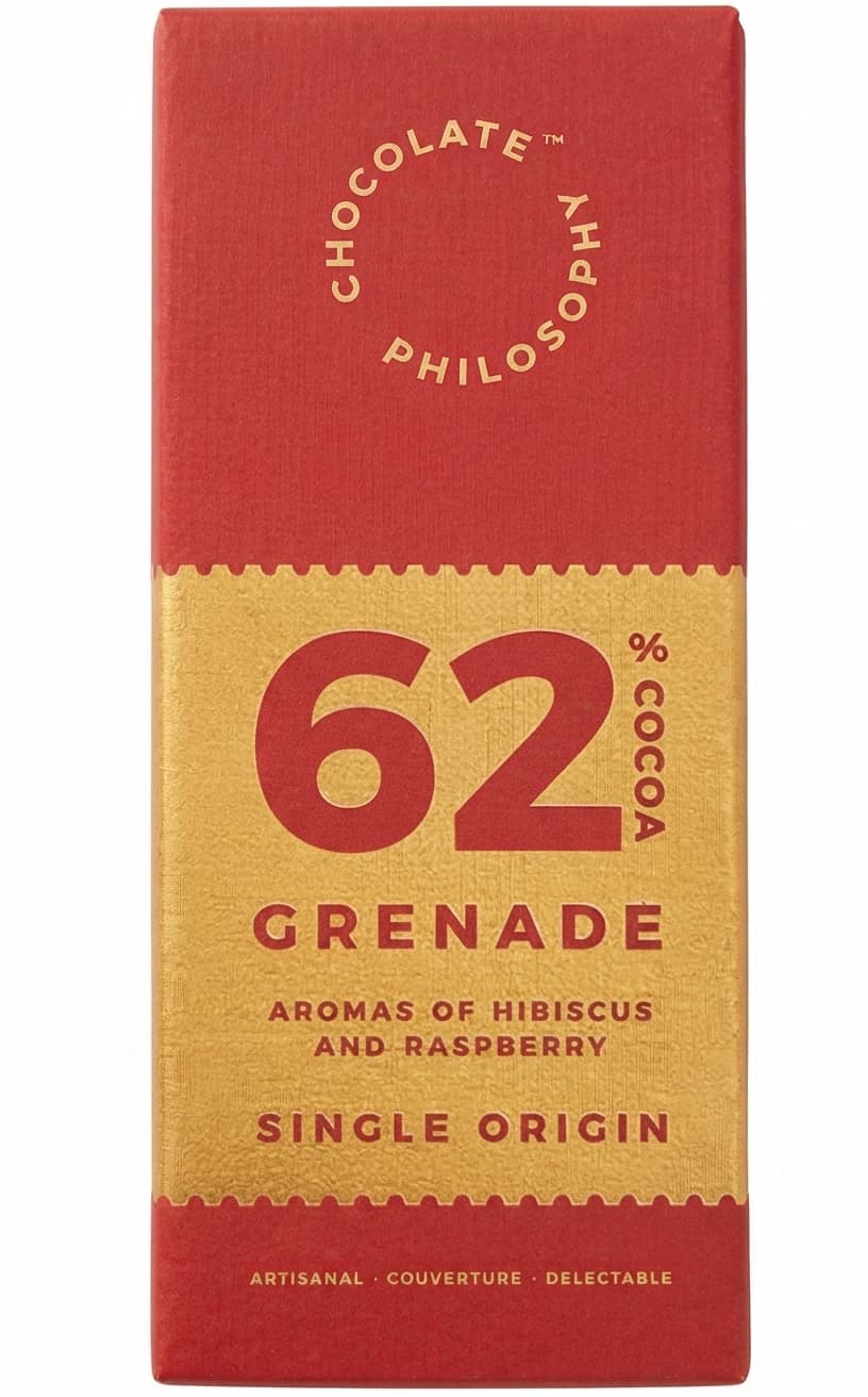 Grenade 62% 62% dark bar packaging by Chocolate Philosophy