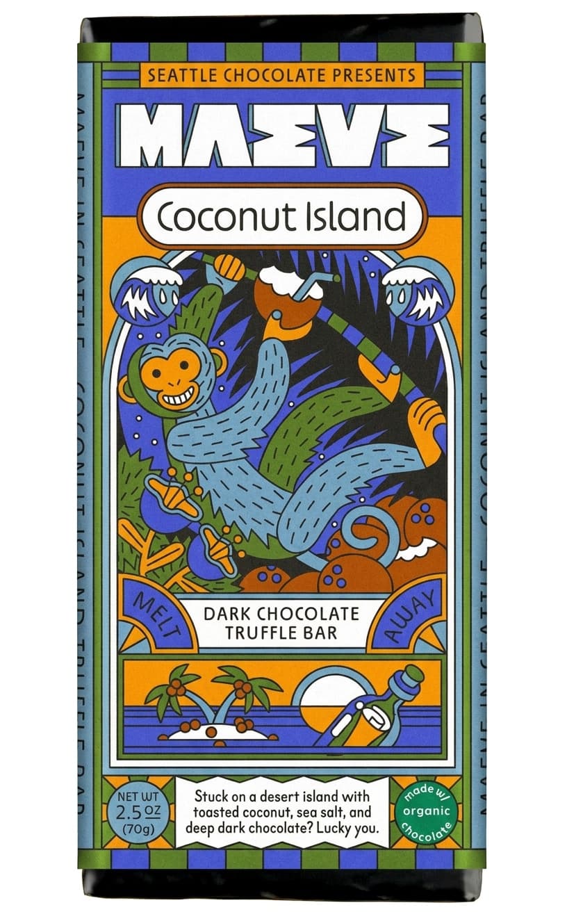 Coconut Island null% dark bar packaging by Maeve Chocolate
