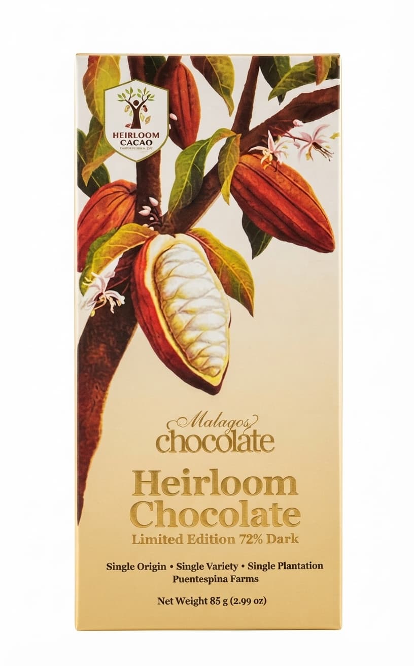 Heirloom 72% 72% dark bar packaging by Malagos