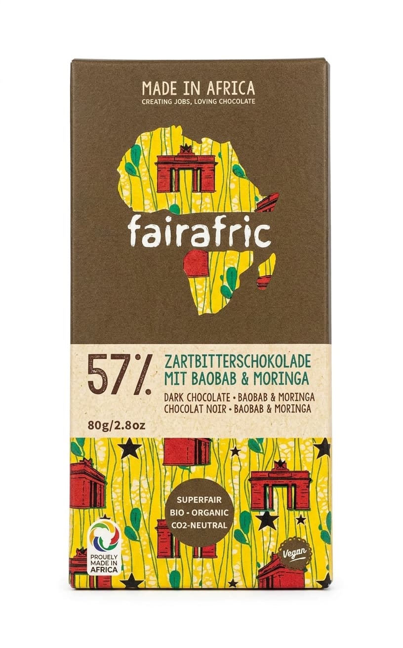 57% Dark Chocolate Baobab & Moringa 57% dark bar packaging by fairafric