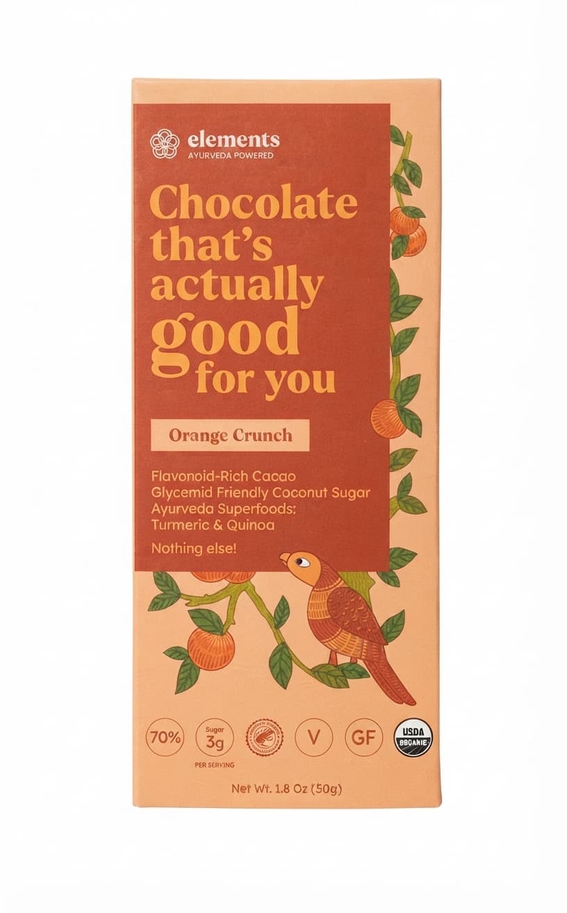Orange Crunch 70% 70% dark bar packaging by Elements Truffles