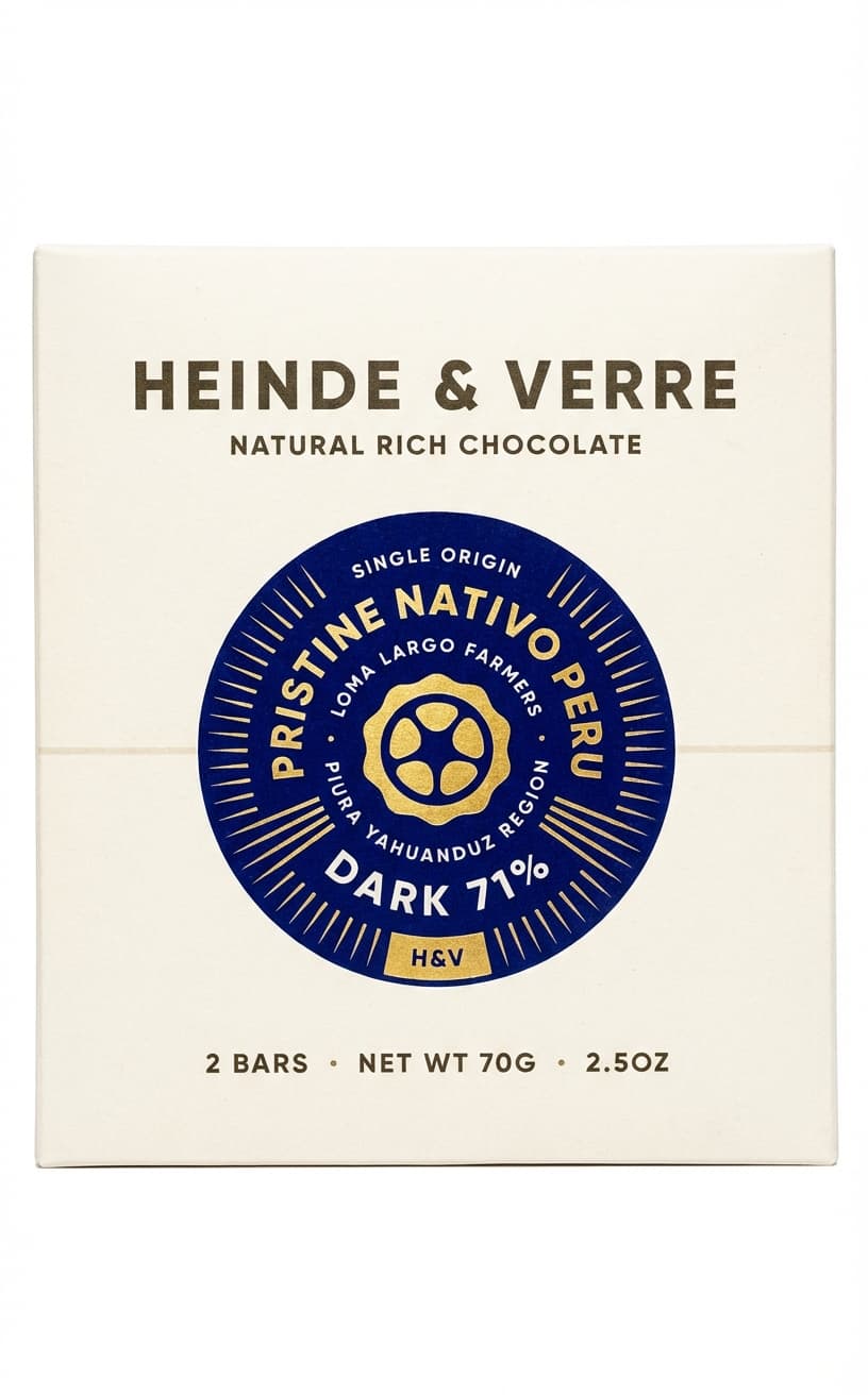 Pristine Nativo Peru 71% 71% dark bar packaging by Heinde & Verre