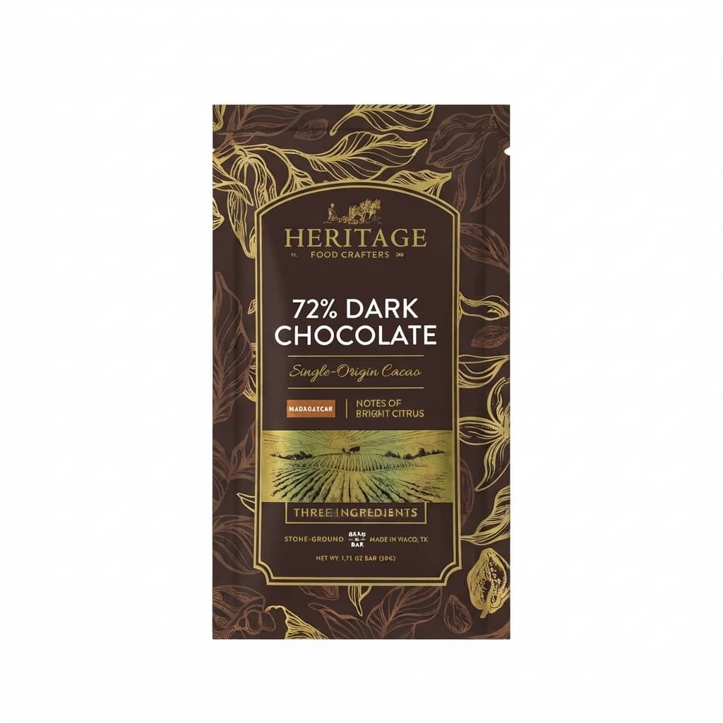 Madagascar 72% 72% dark bar packaging by Heritage Food Crafters
