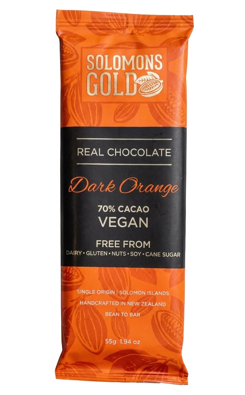 Dark Orange 70% 70% dark bar packaging by Solomons Gold