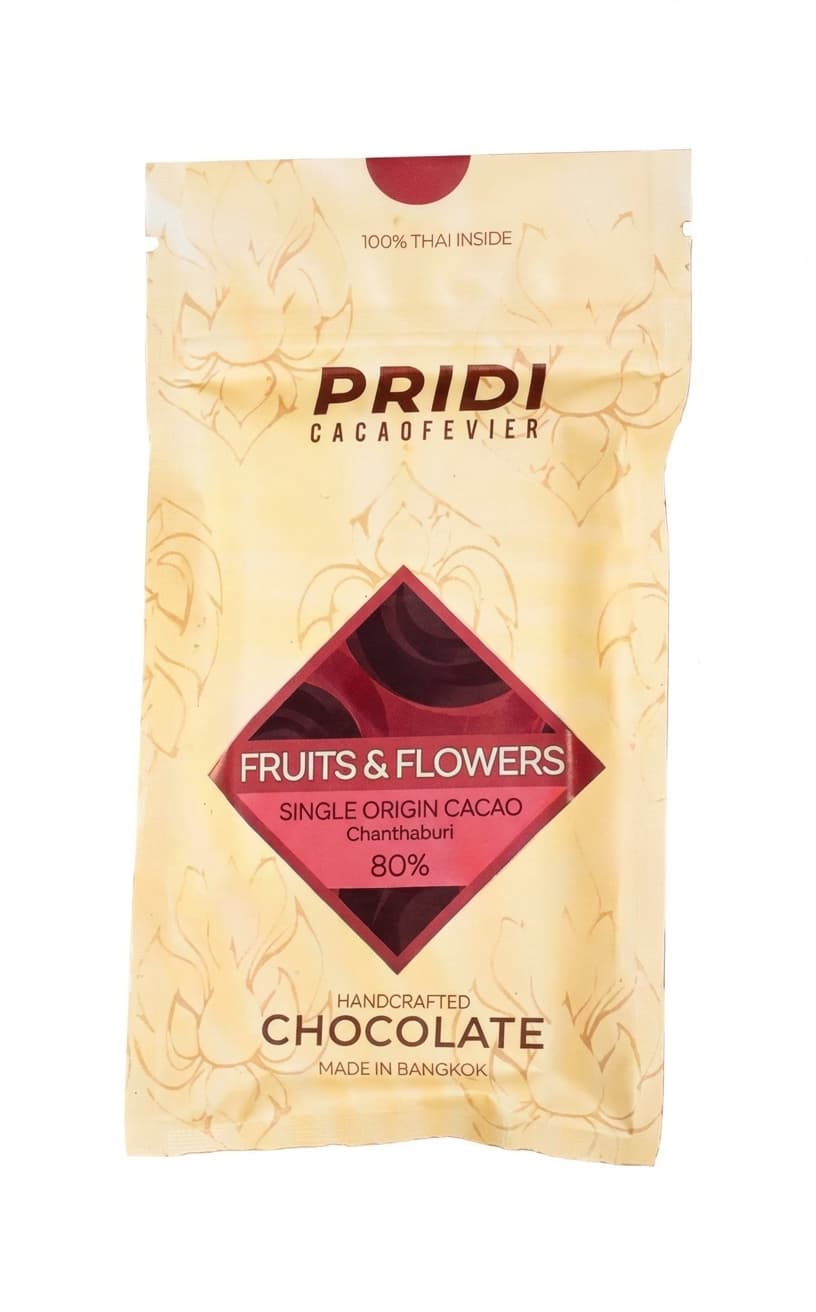 Fruits & Flowers 80% 80% dark bar packaging by Pridi Cacaofevier