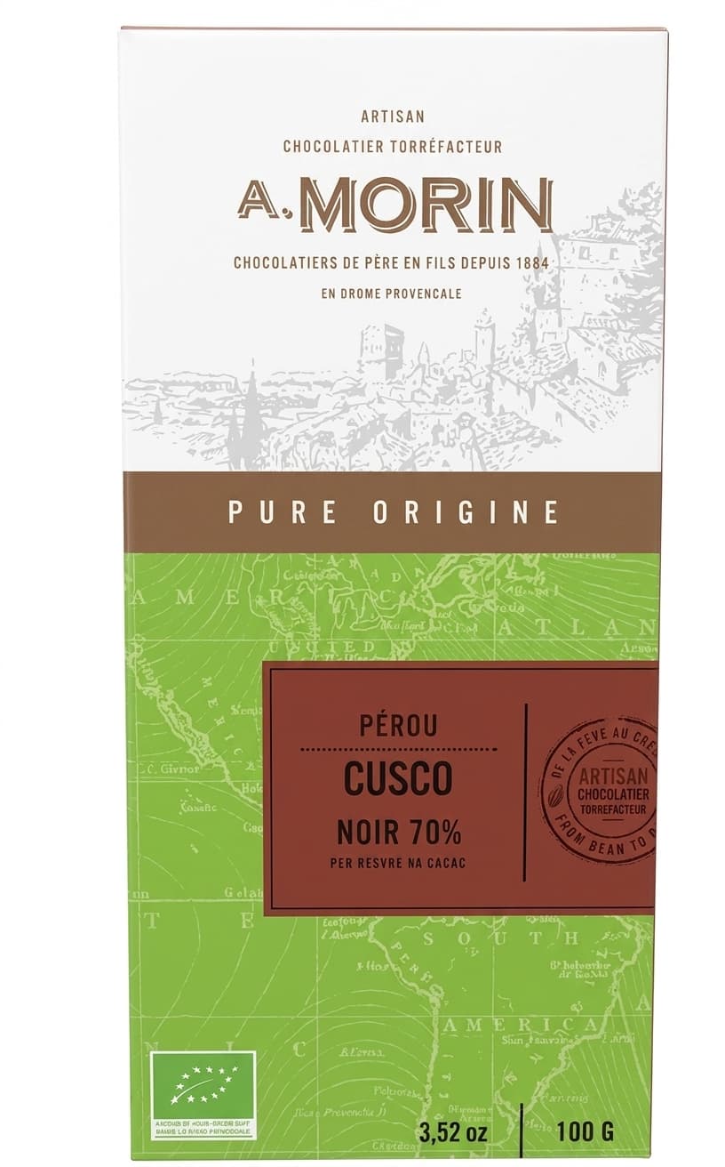 Pérou Cusco Noir 70% 70% dark bar packaging by Chocolaterie Morin