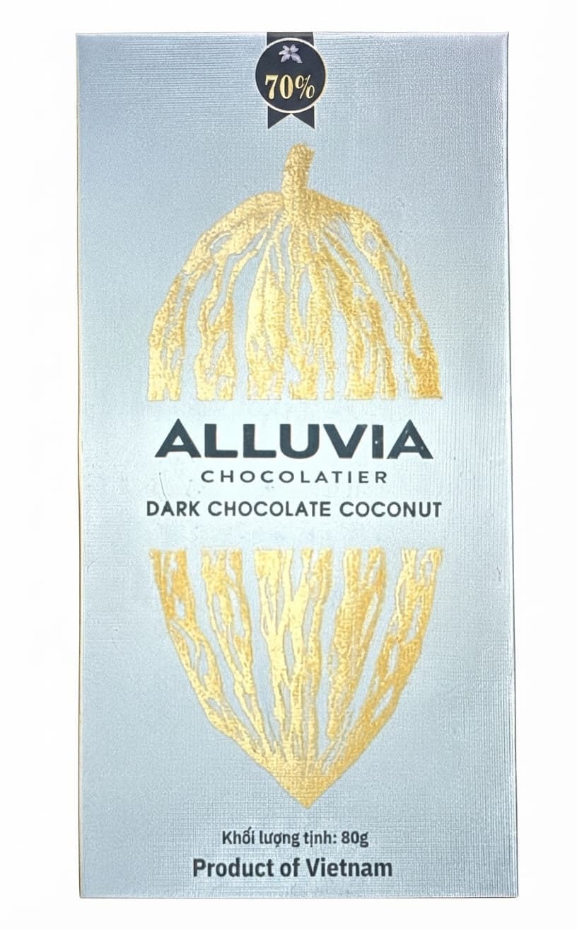Coconut 70% 70% dark bar packaging by Alluvia
