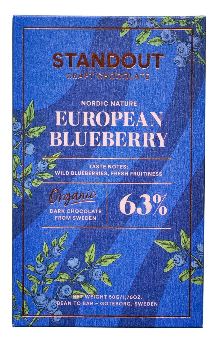 European Blueberry 63% dark bar packaging by Standout Chocolate