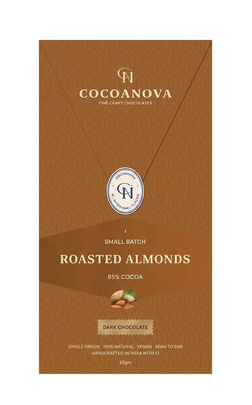Roasted Almonds 85% 85% dark bar packaging by Cocoanova