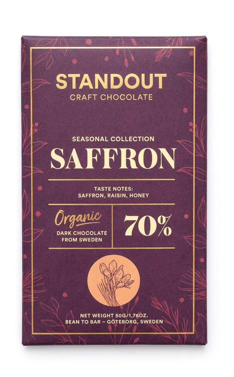 Saffron 70% 70% dark bar packaging by Standout Chocolate