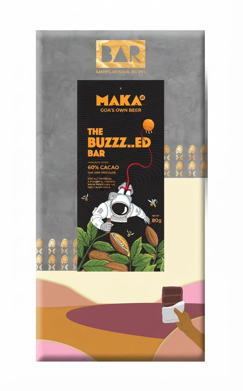 The Buzzz..ed Bar 60% - Maka di beer infusion 60% dark bar packaging by BAR Baker's Artisanal Recipes