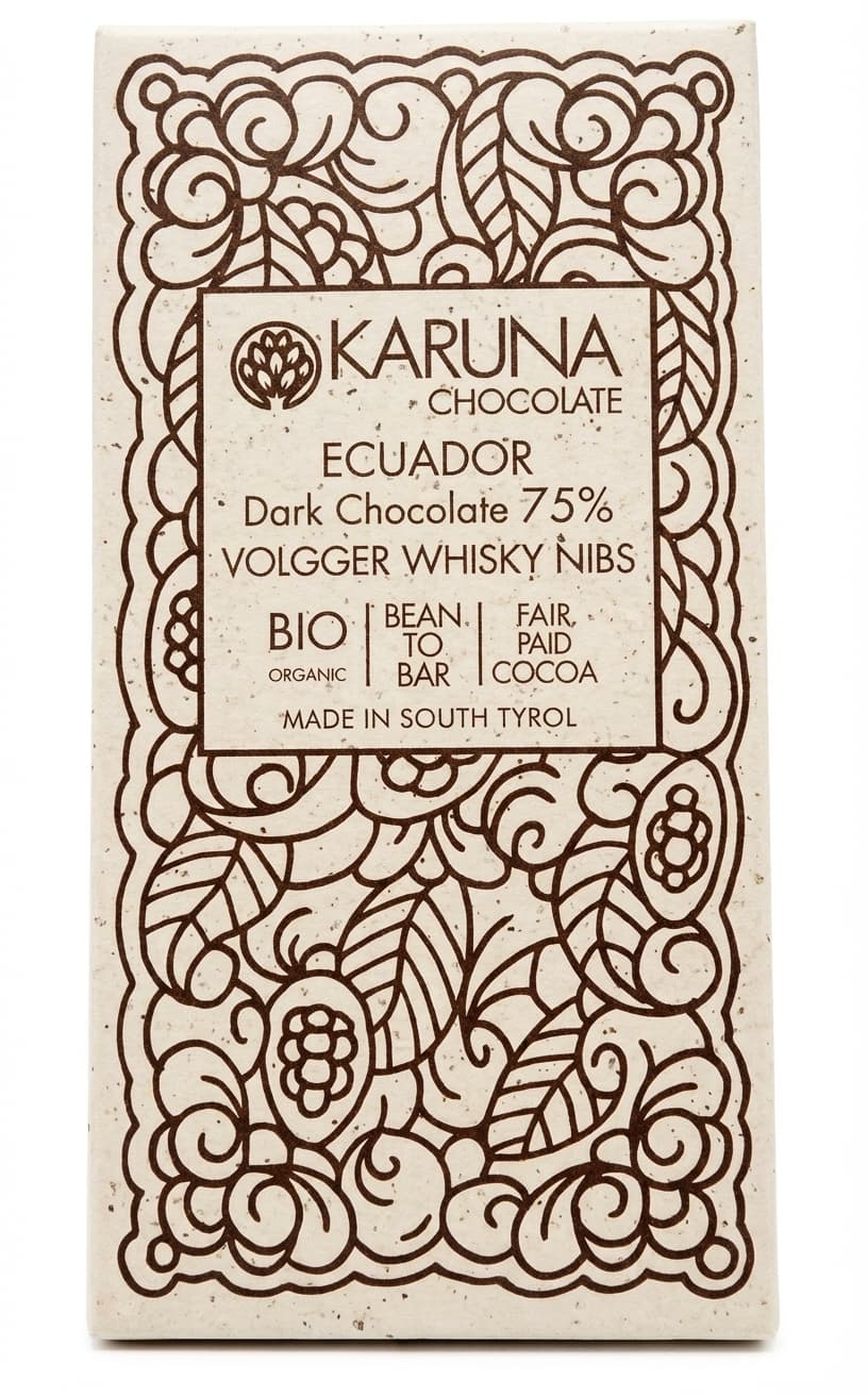 Ecuador 75% Volgger Whisky Nibs 75% dark bar packaging by Karuna