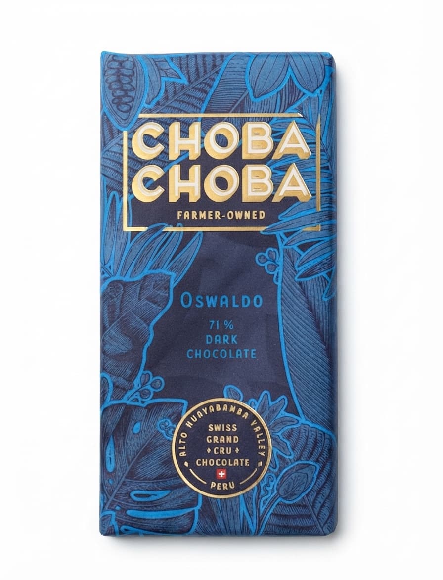 Oswaldo 71% 71% dark bar packaging by Choba Choba