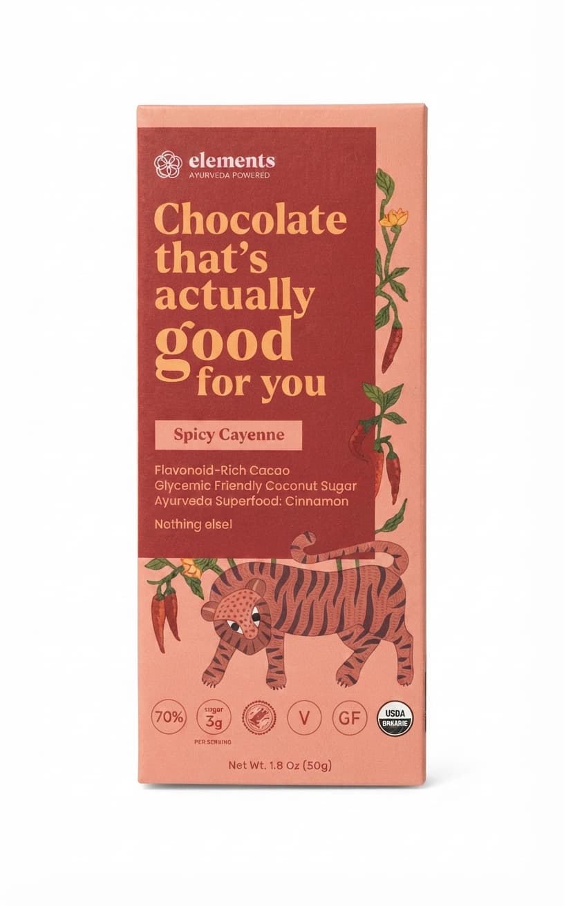 Spicy Cayenne Cinnamon 70% 70% dark bar packaging by Elements Truffles
