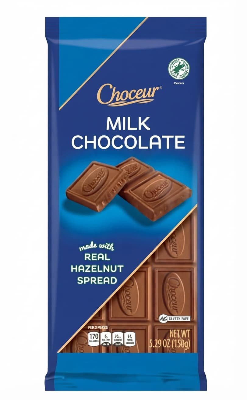 Milk Chocolate made with real hazelnut spread milk bar packaging by Choceur