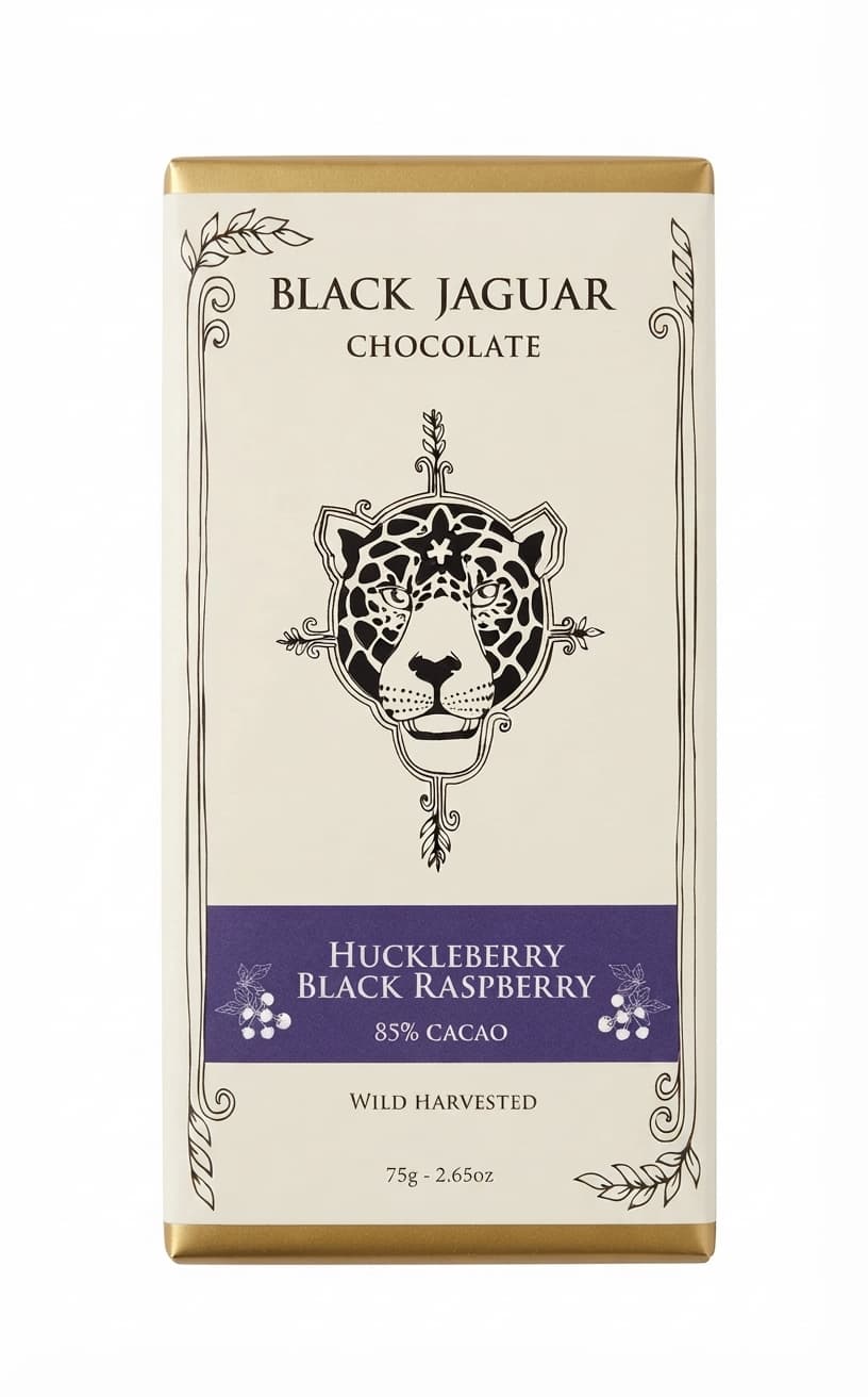 Huckleberry & Black Raspberry 85% 85% dark bar packaging by Black Jaguar Chocolate