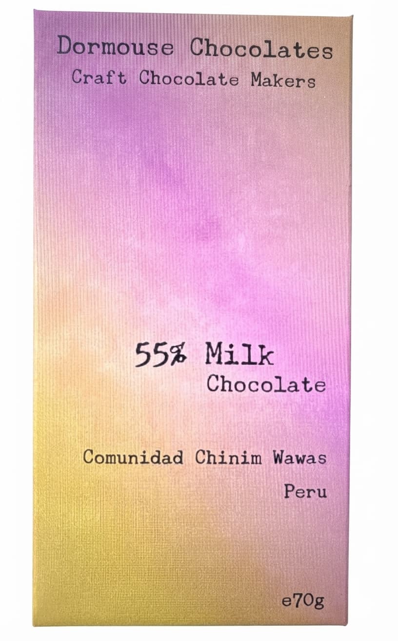 Milk 55% Comunidad Chinim Wawas 55% milk bar packaging by Dormouse Chocolates