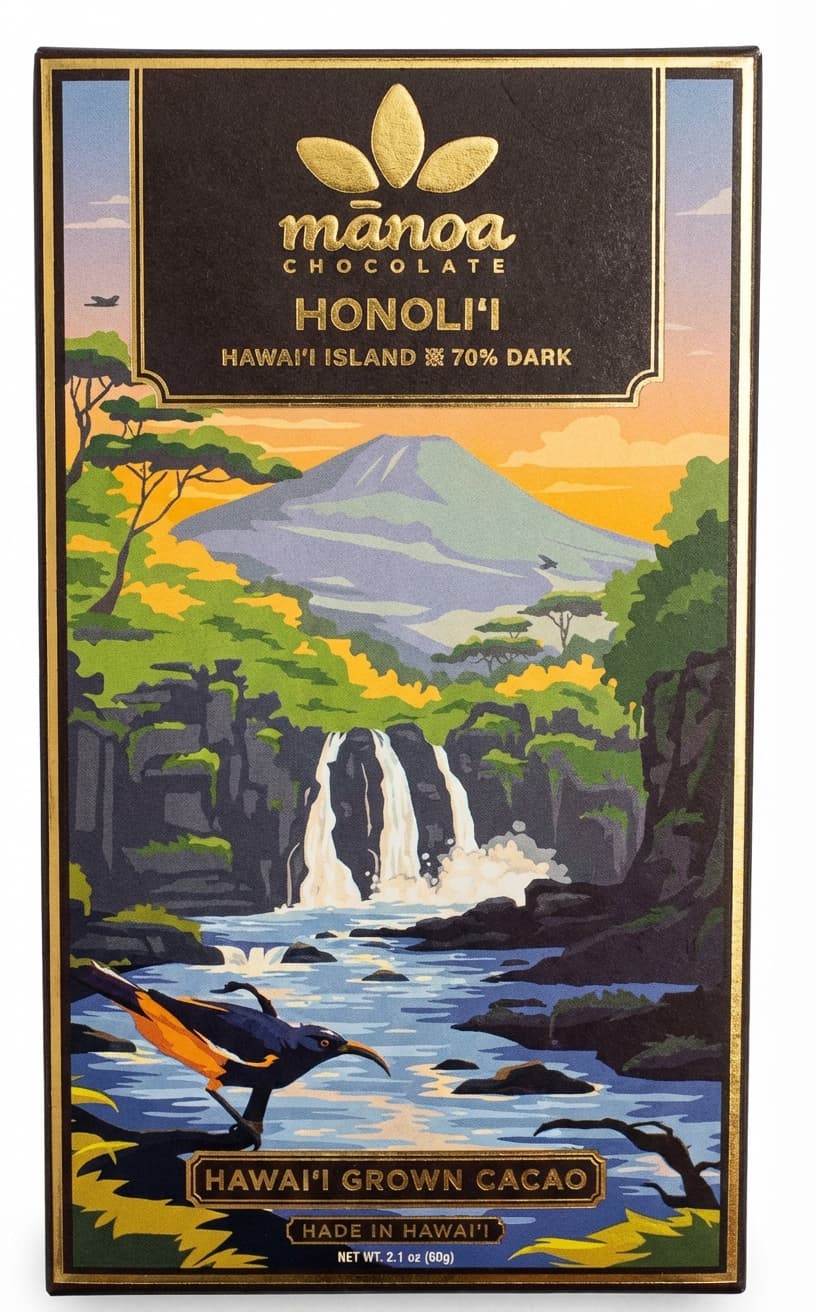 Honoli'i 70% Dark 70% dark bar packaging by mānoa chocolate
