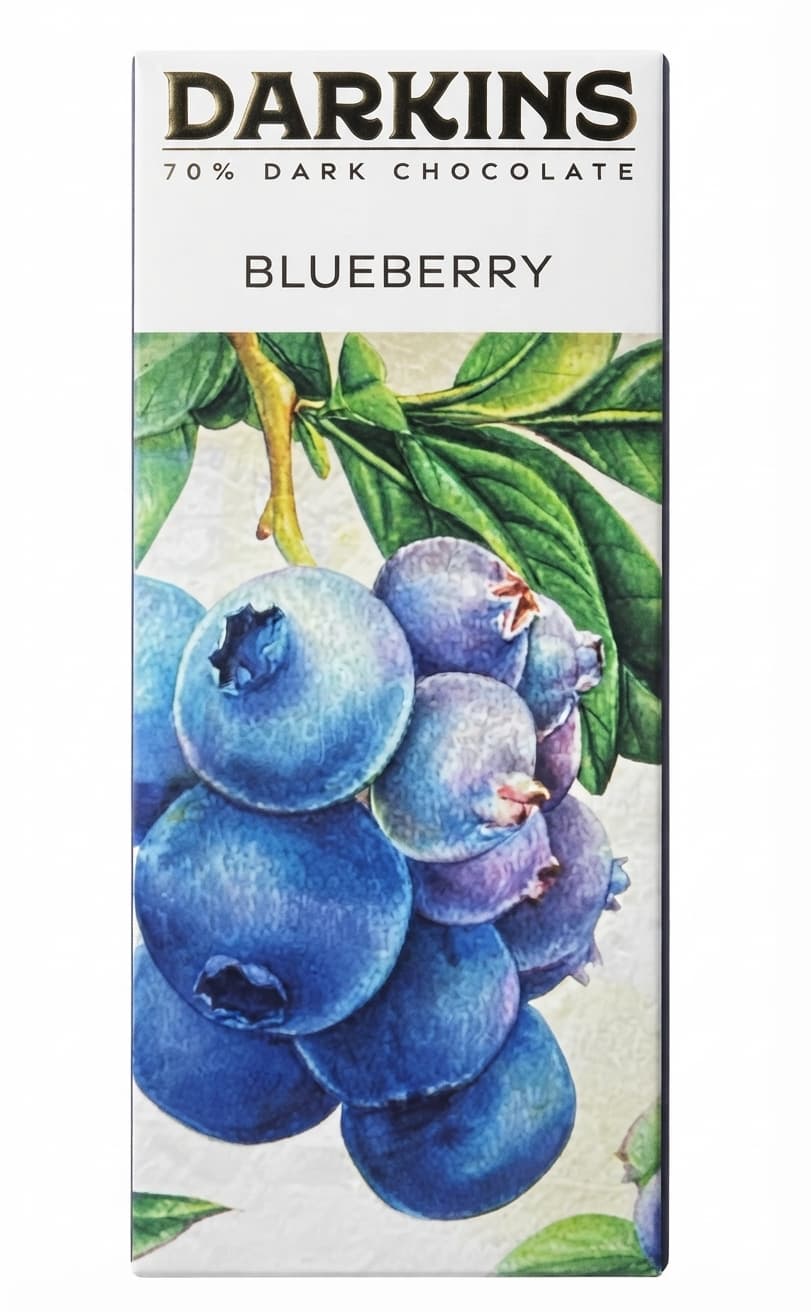 Blueberry 70% 70% dark bar packaging by Darkins
