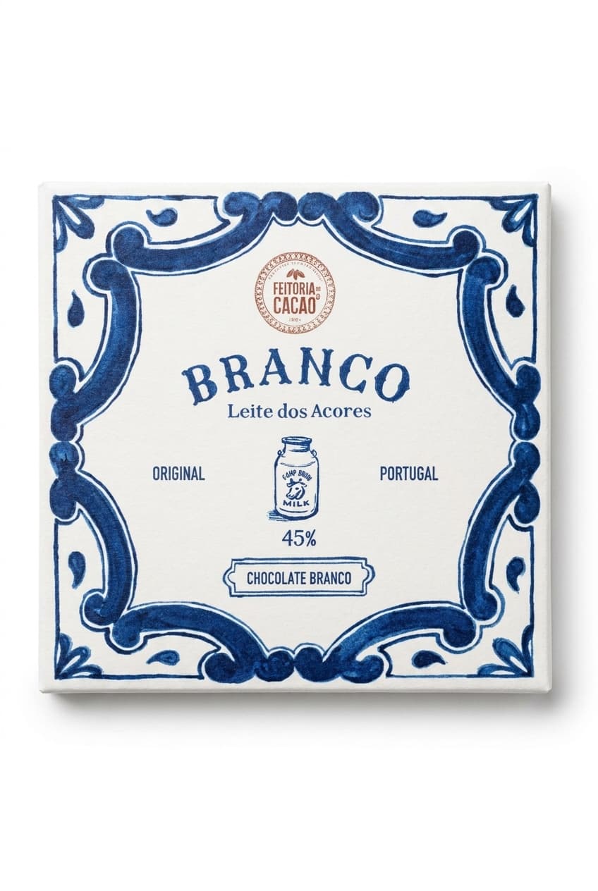 Branco Leite dos Açores 45% white bar packaging by Feitoria do Cacao