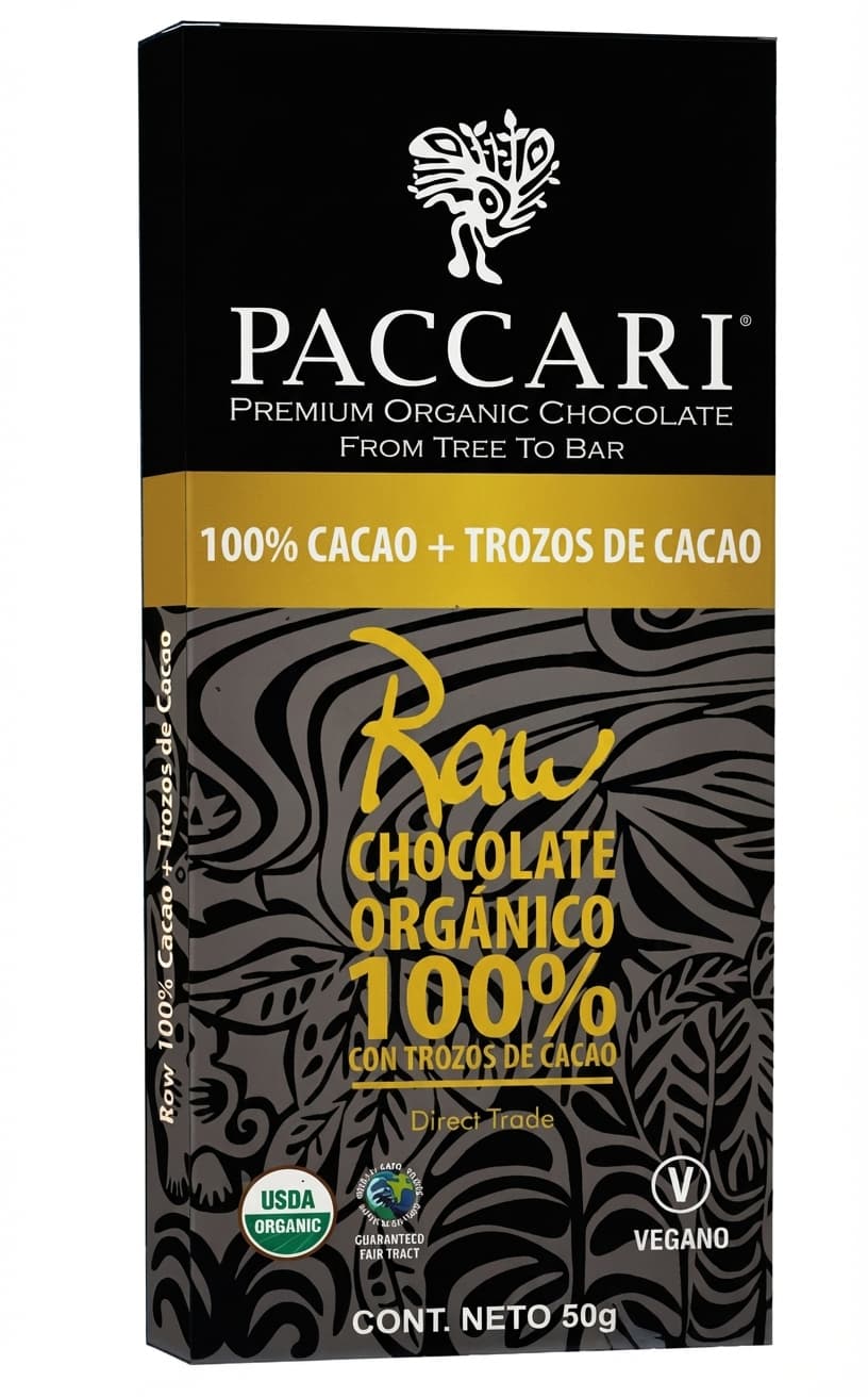 Raw 100% Cacao + Trozos de Cacao 100% dark bar packaging by Paccari