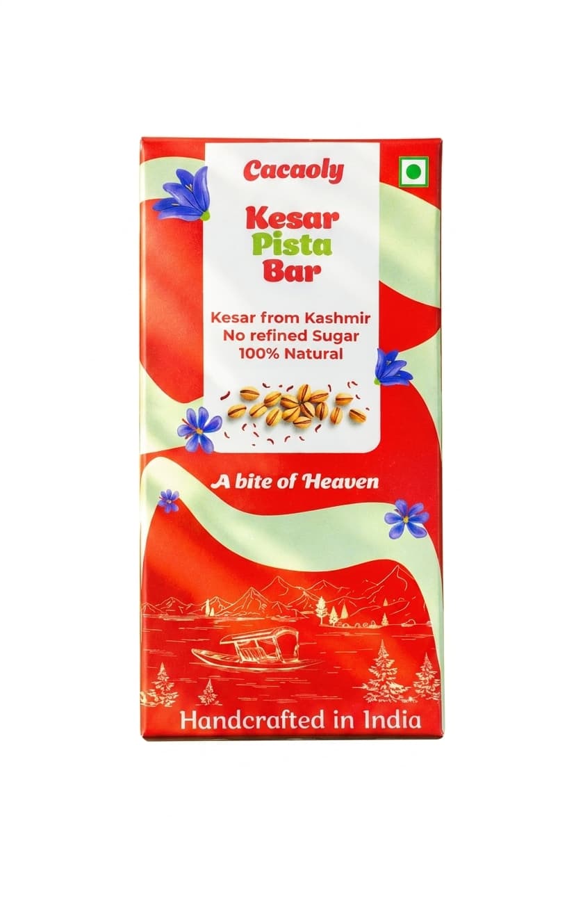 Kesar Pista null% white bar packaging by Cacaoly