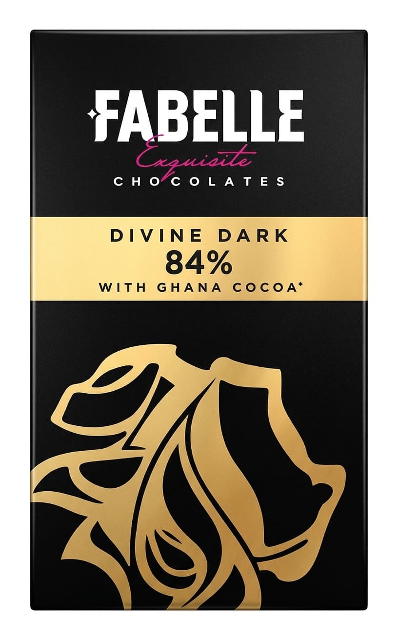Divine Dark 84% 84% dark bar packaging by Fabelle