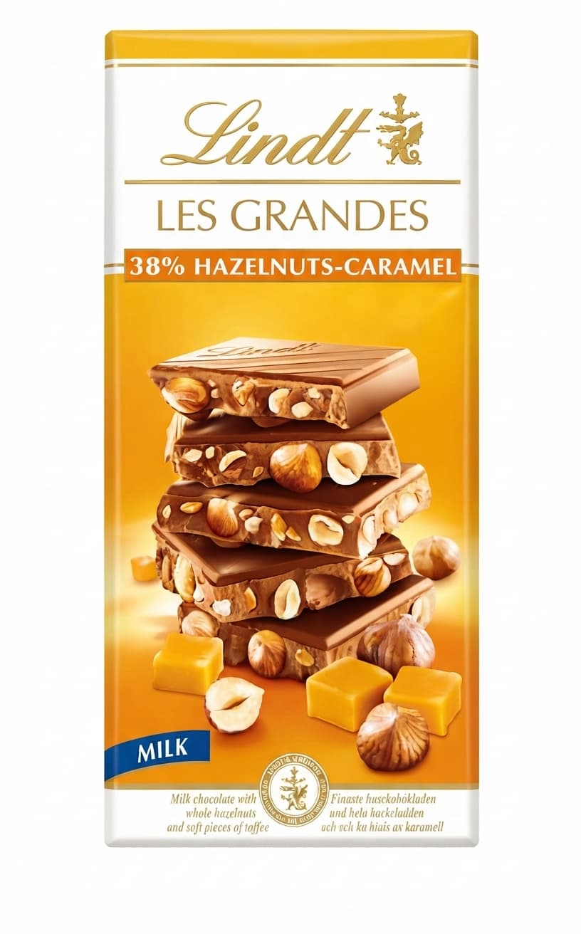 Les Grandes Hazelnuts-Caramel 34% milk bar packaging by Lindt