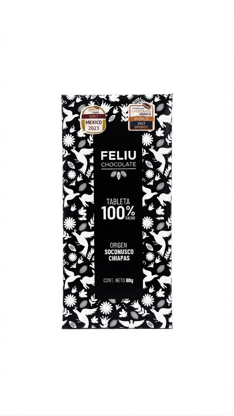 Soconusco 100% 100% dark bar packaging by Feliu Chocolate