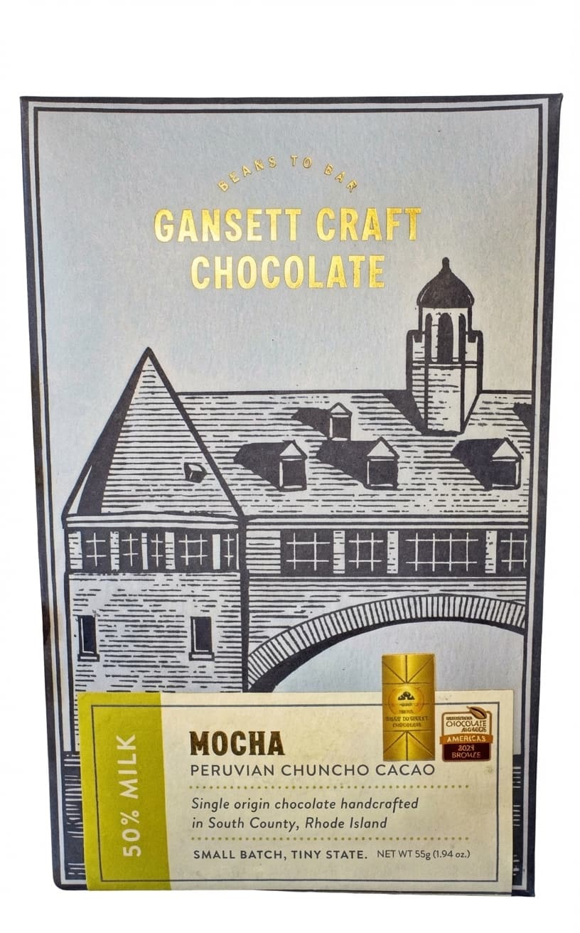 Mocha 50% milk bar packaging by Gansett Craft Chocolate
