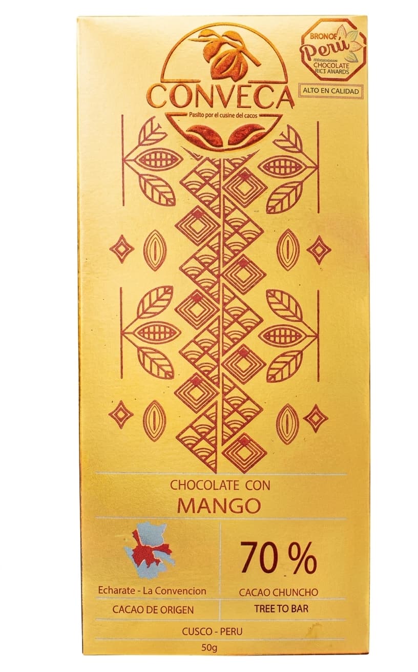Chocolate con Mango 70% 70% dark bar packaging by Conveca