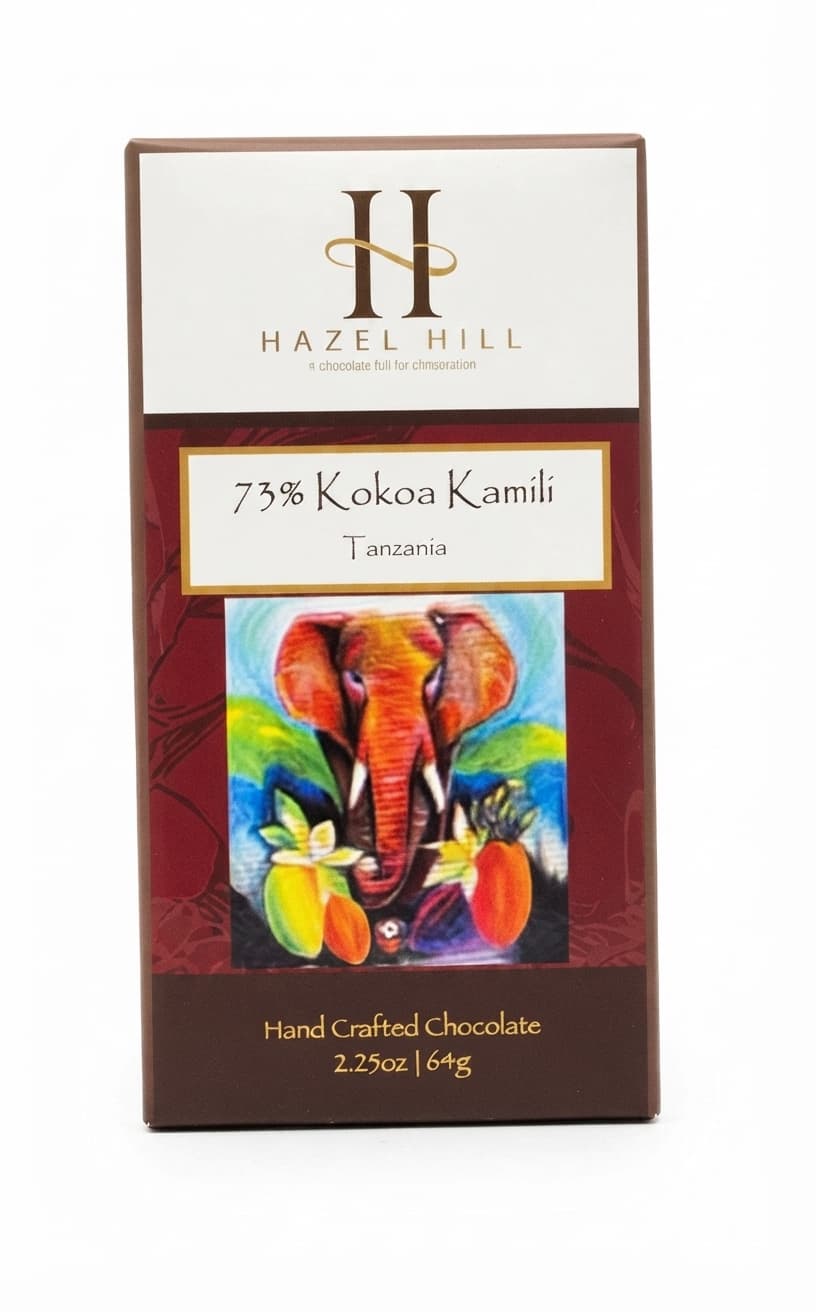 Kokoa Kamili 73% 73% dark bar packaging by Hazel Hill