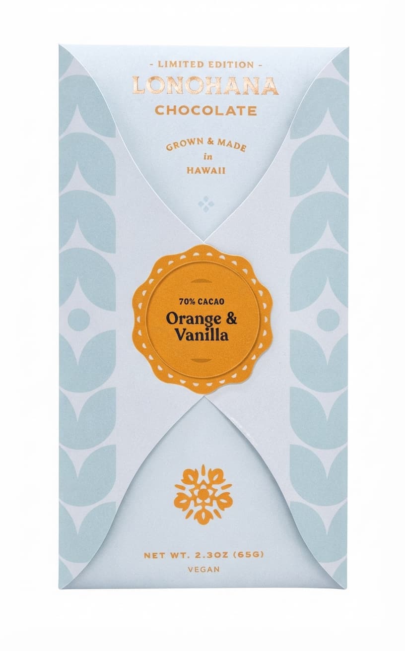 Orange & Vanilla 70% 70% dark bar packaging by Lonohana Estate Chocolate