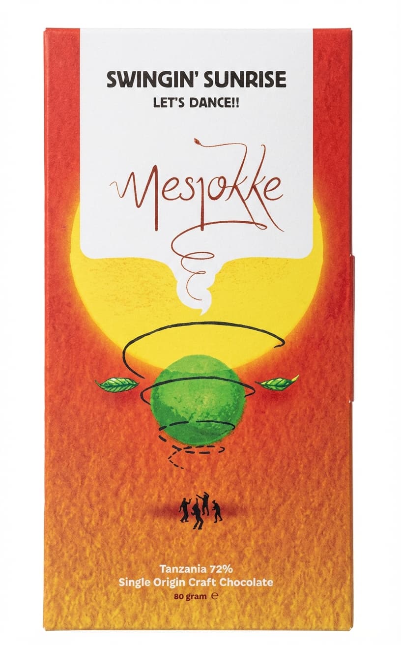 Swingin' Sunrise 72% dark bar packaging by Mesjokke