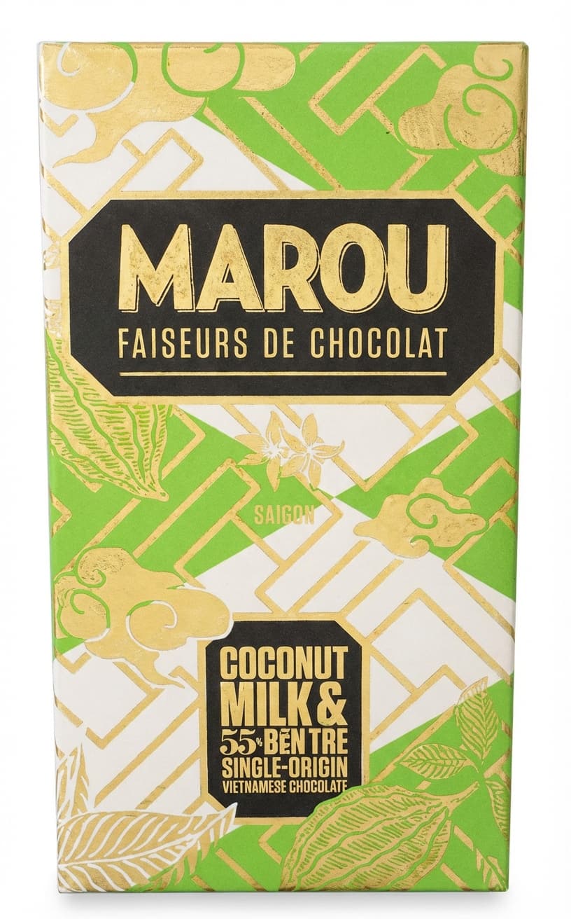Coconut Milk & Ben Tre 55% 55% dark bar packaging by Marou Chocolate