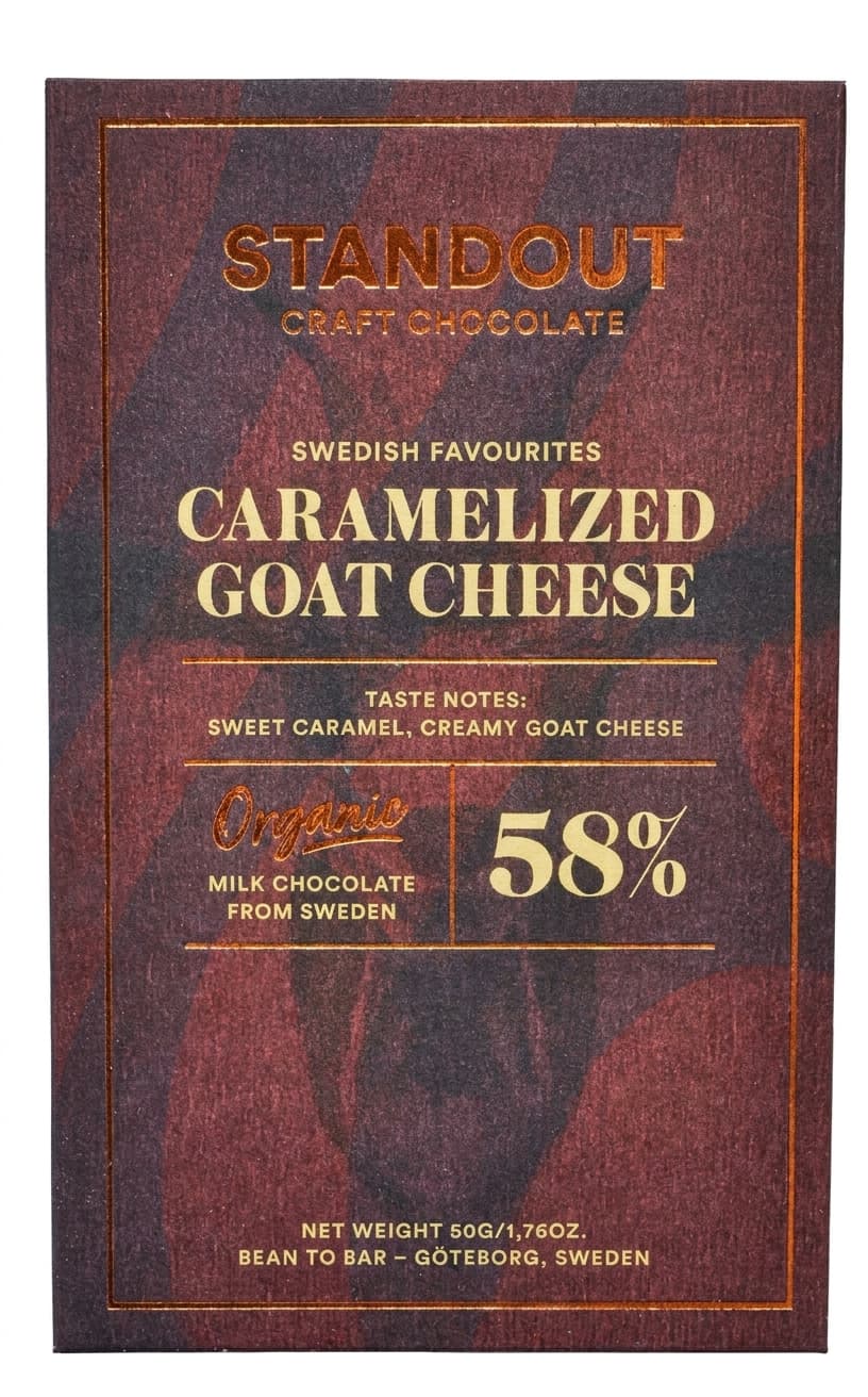 Caramelized Goat Cheese 58% milk bar packaging by Standout Chocolate