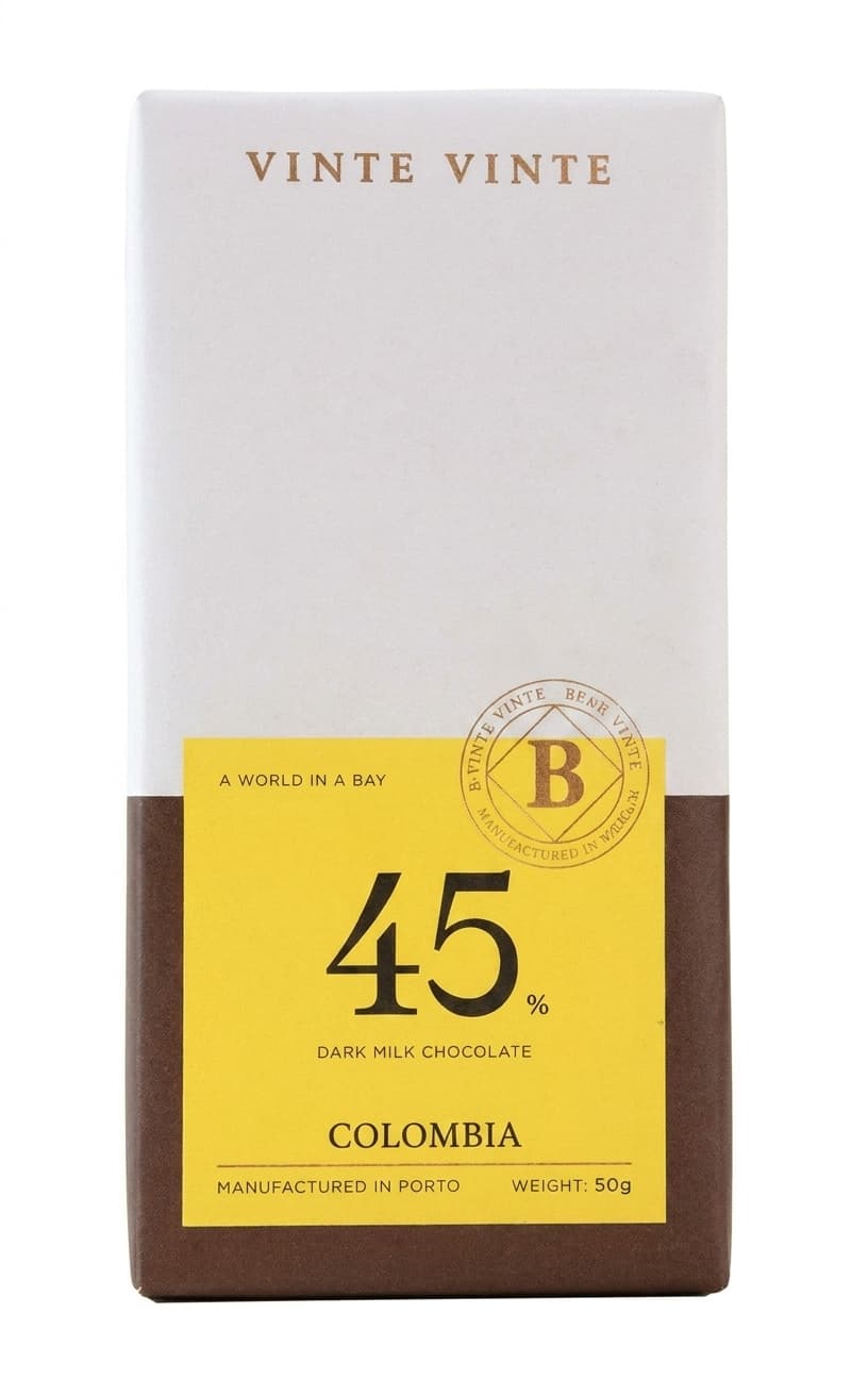 45% Dark Milk Colombia 45% milk bar packaging by Vinte Vinte