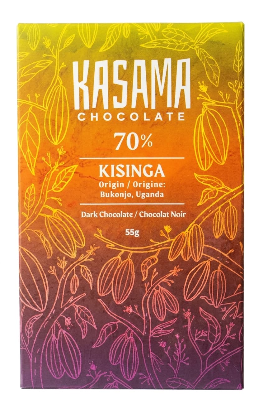Kisinga 70% 70% dark bar packaging by Kasama Chocolate