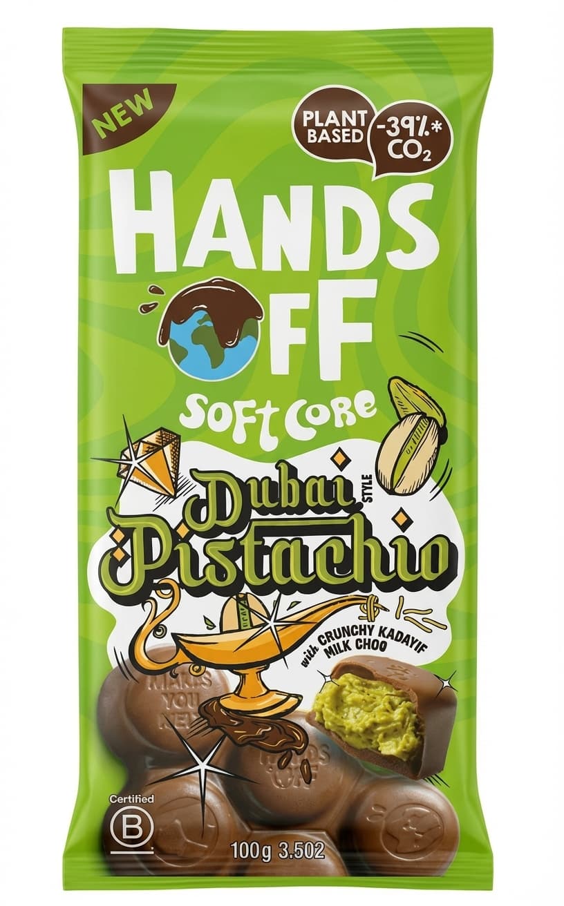 Soft Core Dubai Pistachio 30% milk bar packaging by Hands Off